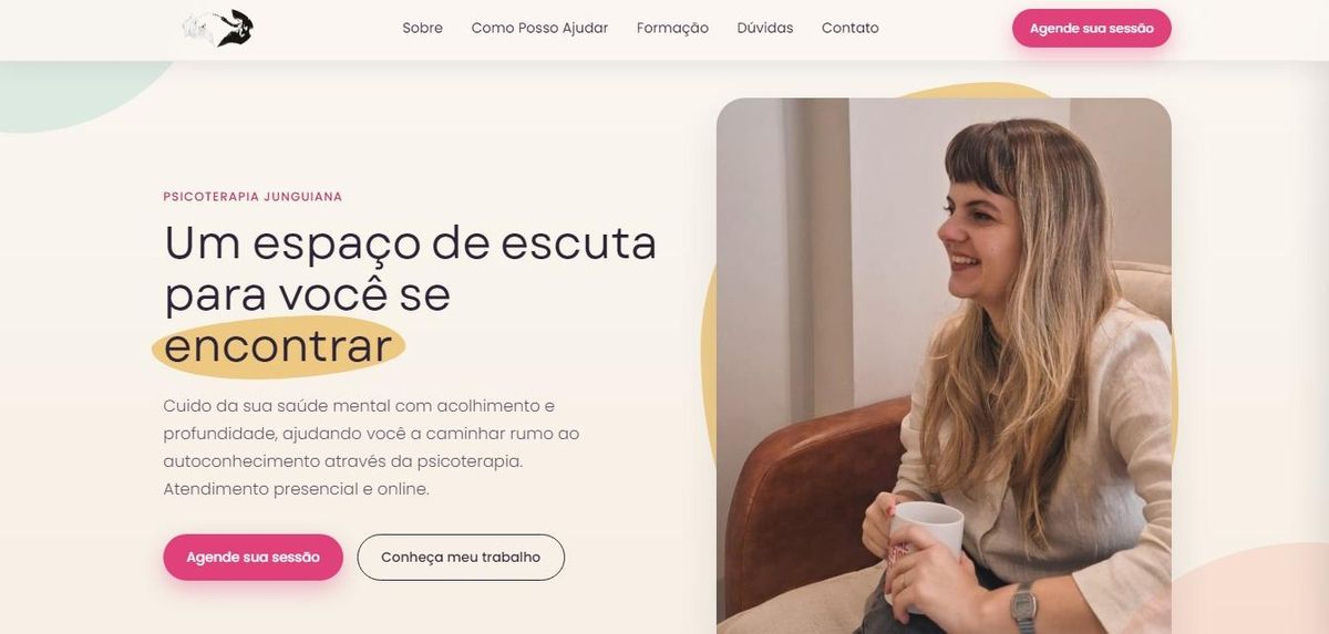 Site institucional para psicoterapia junguiana, tons claros com retrato acolhedor