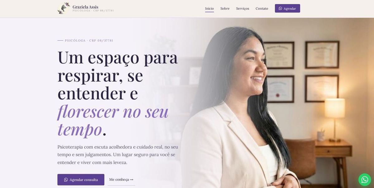 Site profissional para psicóloga clínica, tons claros com tipografia itálica