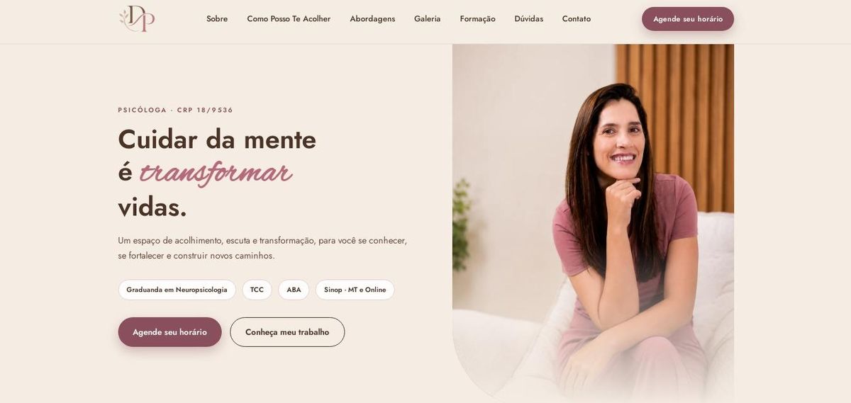 Site profissional de psicologia com abordagem TCC e ABA, tons claros