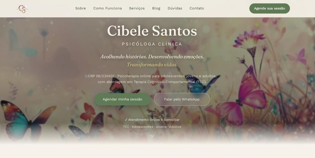 Site profissional para psicóloga clínica, fundo claro com ilustração de borboletas e flores
