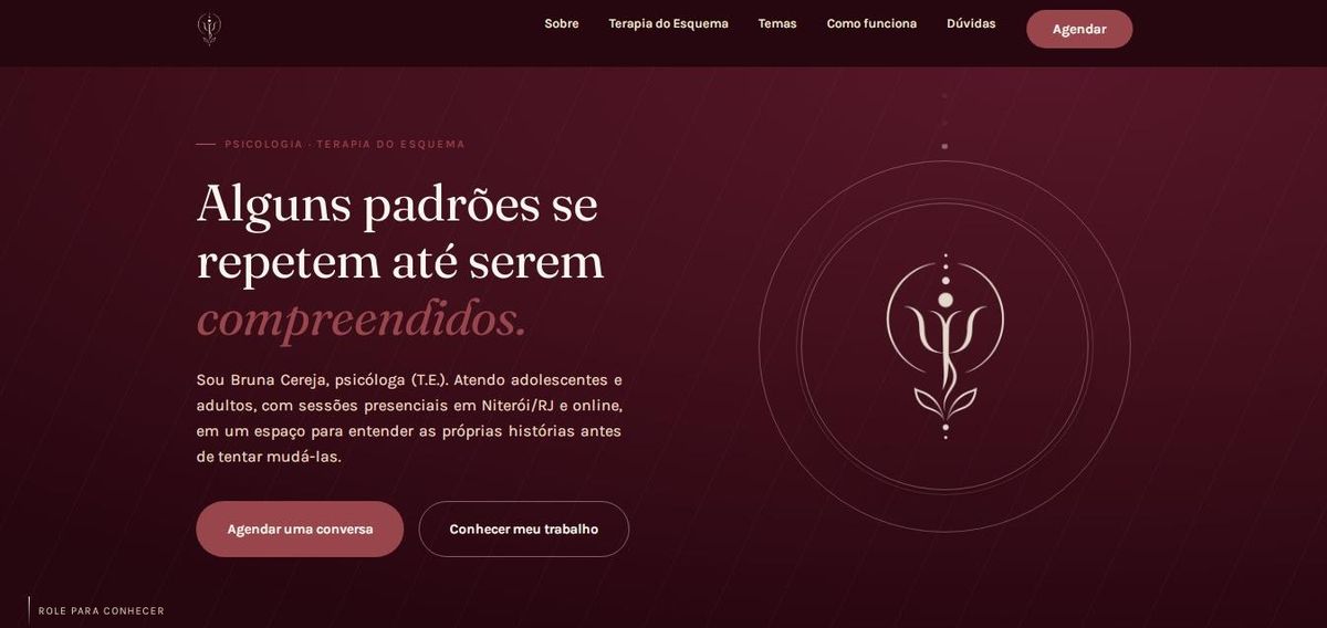 Site profissional de psicologia com abordagem de Terapia do Esquema, visual minimalista em tons de vinho